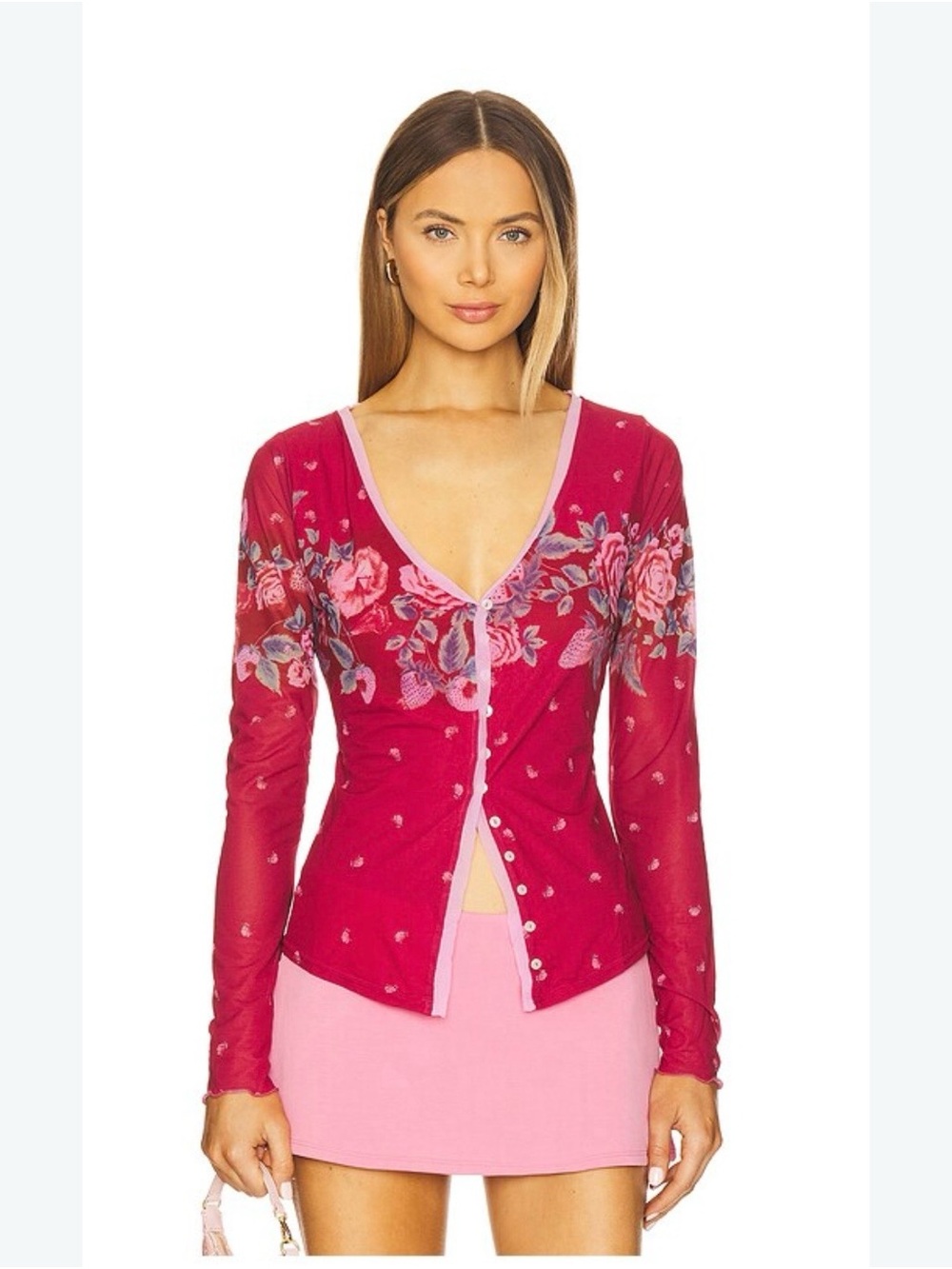 Free People Raspberry Floral Sheer Button Long-Sleeve Top